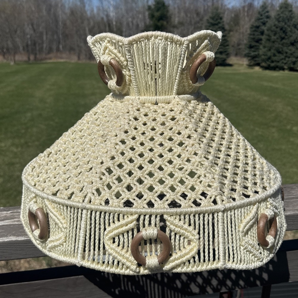 Large Vintage Macrame Hanging Swag Lamp Shade Only Ivory Wood 70s Boho Handmade